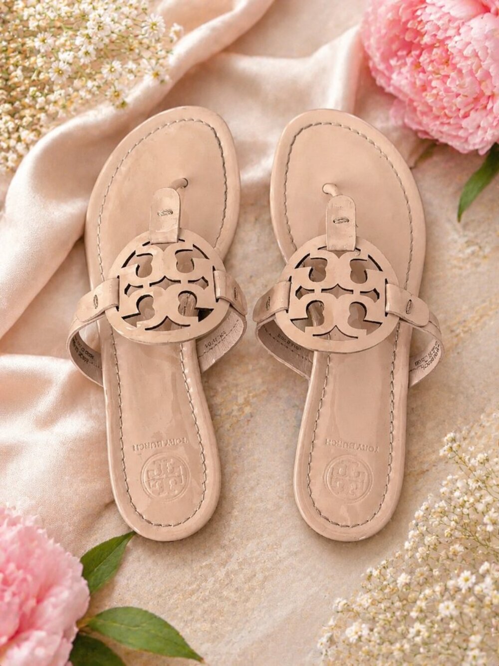 Tory Burch Patent Leather Miller Sandals Shell Pink